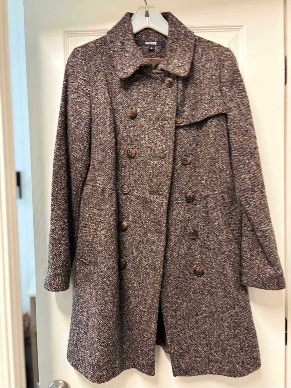 DKNY Brown Tweed Double-Breasted Pea Coat